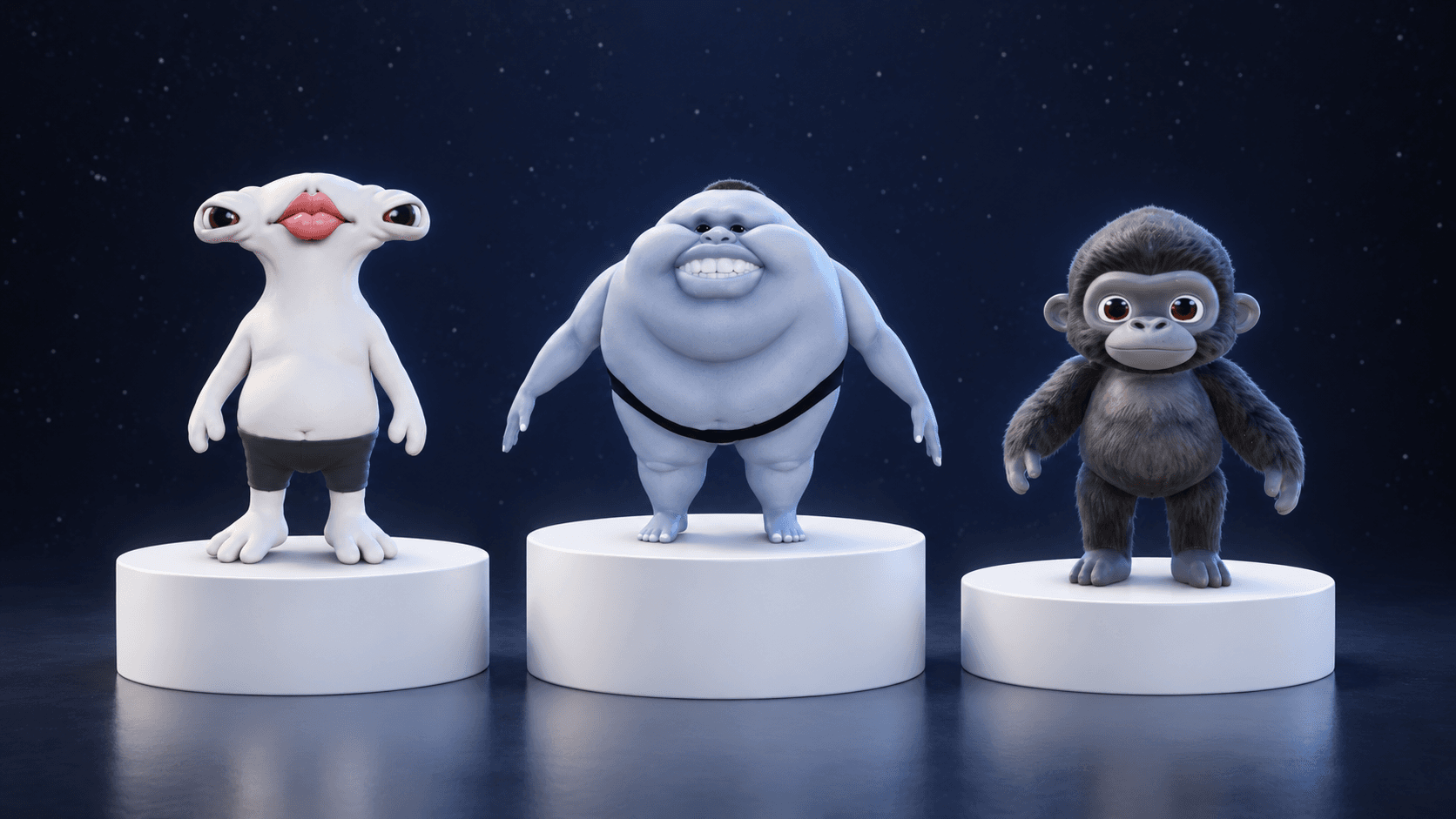 Three stylised UGC body bundles, a hammerhead, a sumo and a gorilla, on white podiums